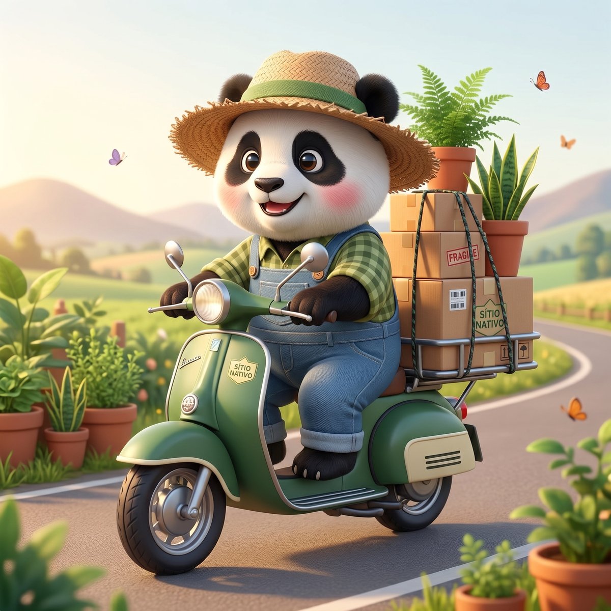Panda da Roça, mascote do Sítio Nativo, entregando caixas e vasos de planta numa moto verde