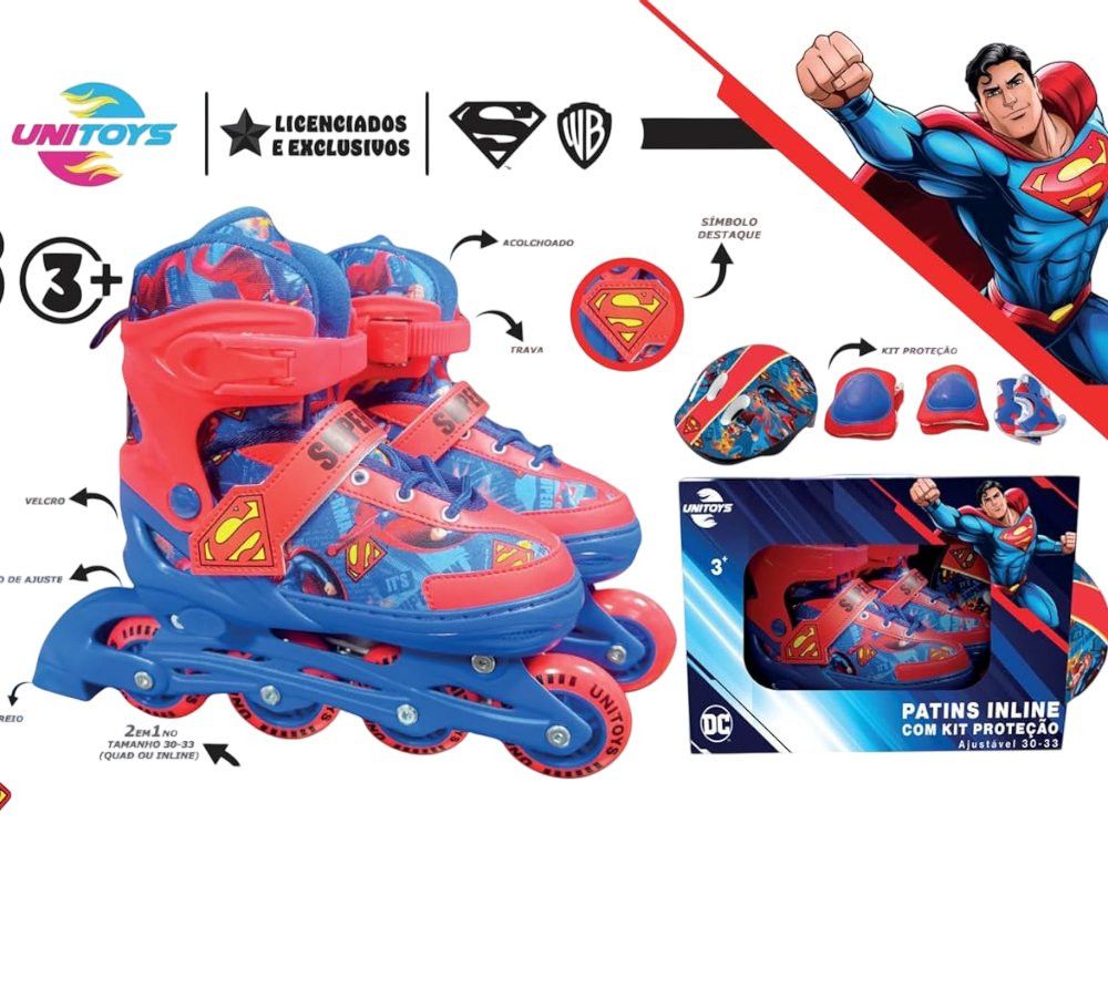 Kit Patins Superman Azul com Acessórios Segurança Tam 34-37