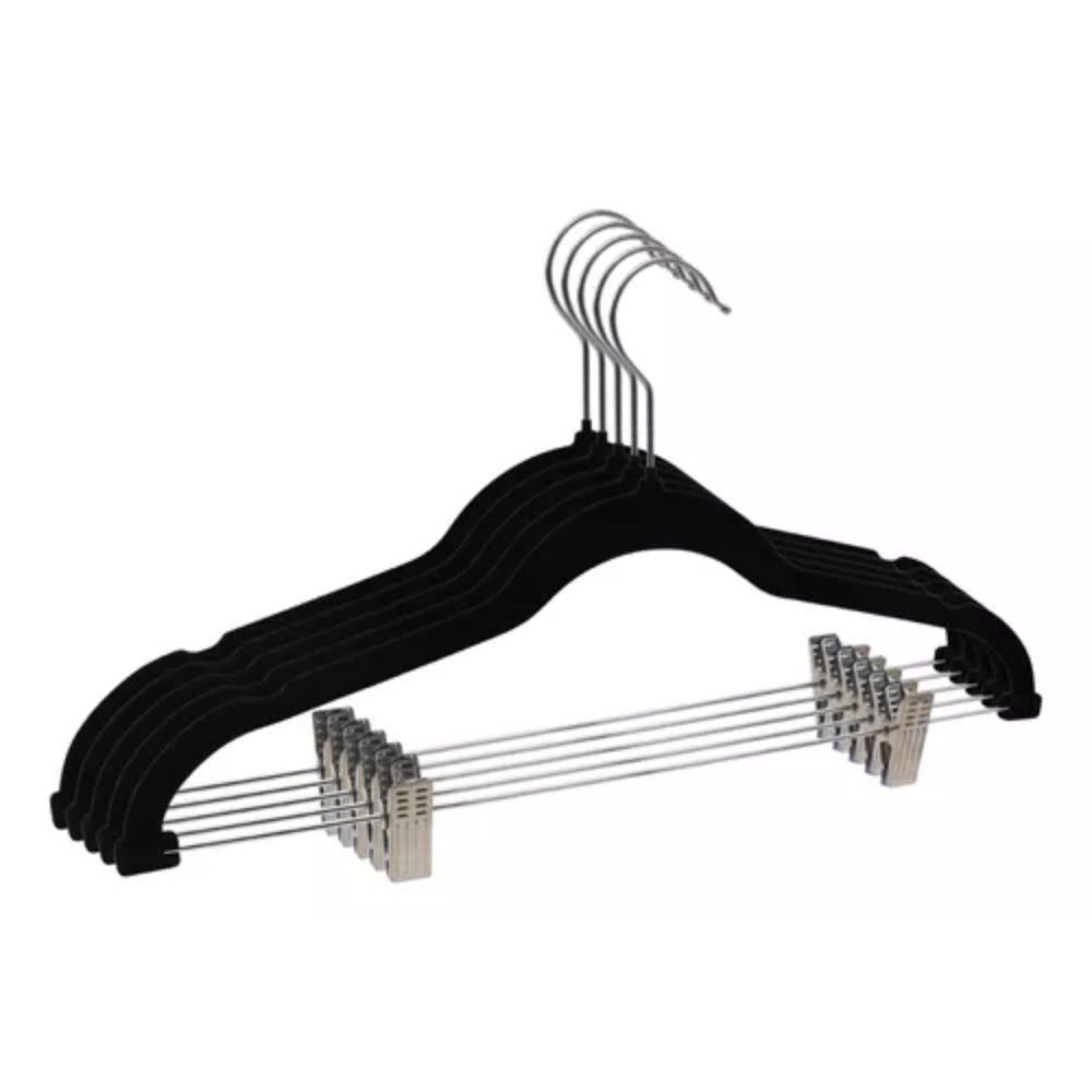 Kit 5 Cabides Slim Veludo Preto com 10 Presilhas