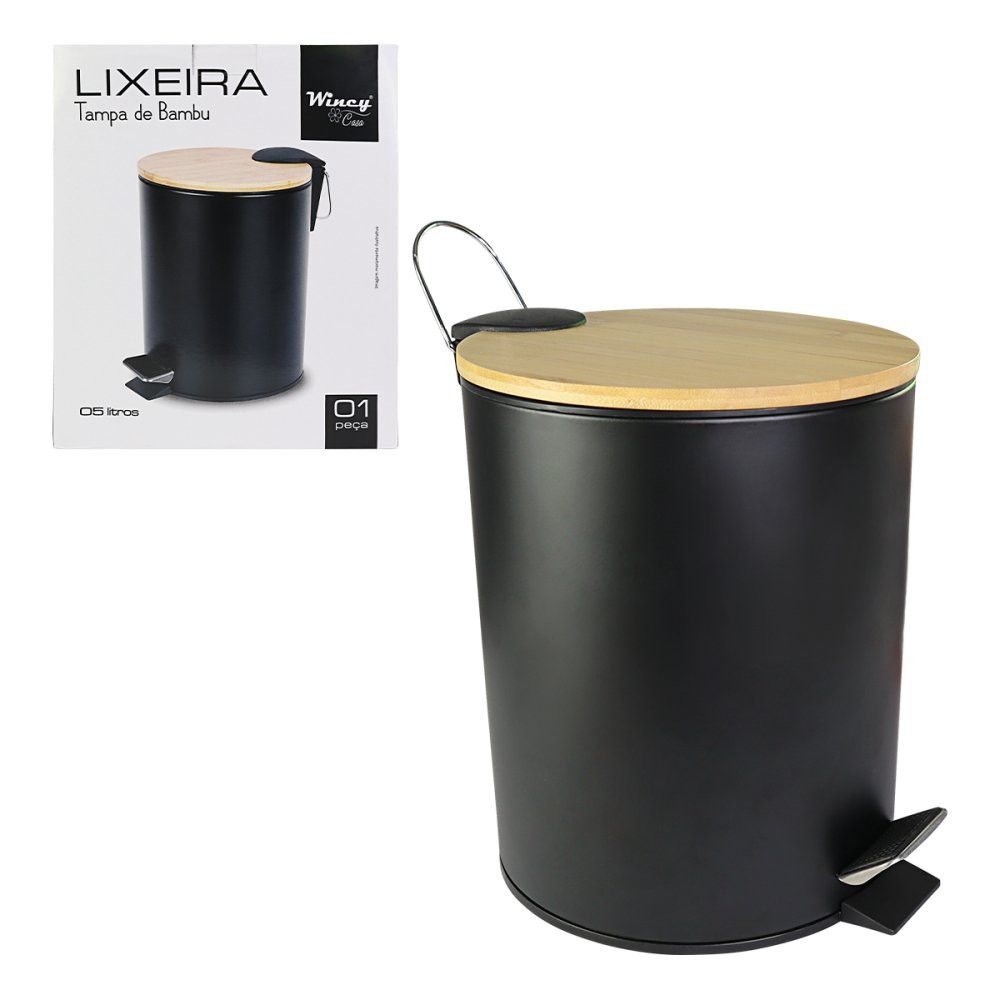 Lixeira Inox Preta Tampa Bambu 5L Wincy - Imagem 5