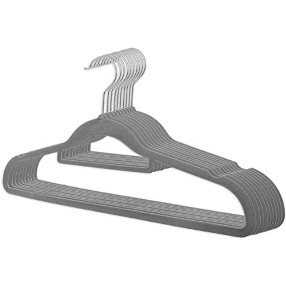 Kit 10 Cabides Slim Veludo Cinza Antiderrapante