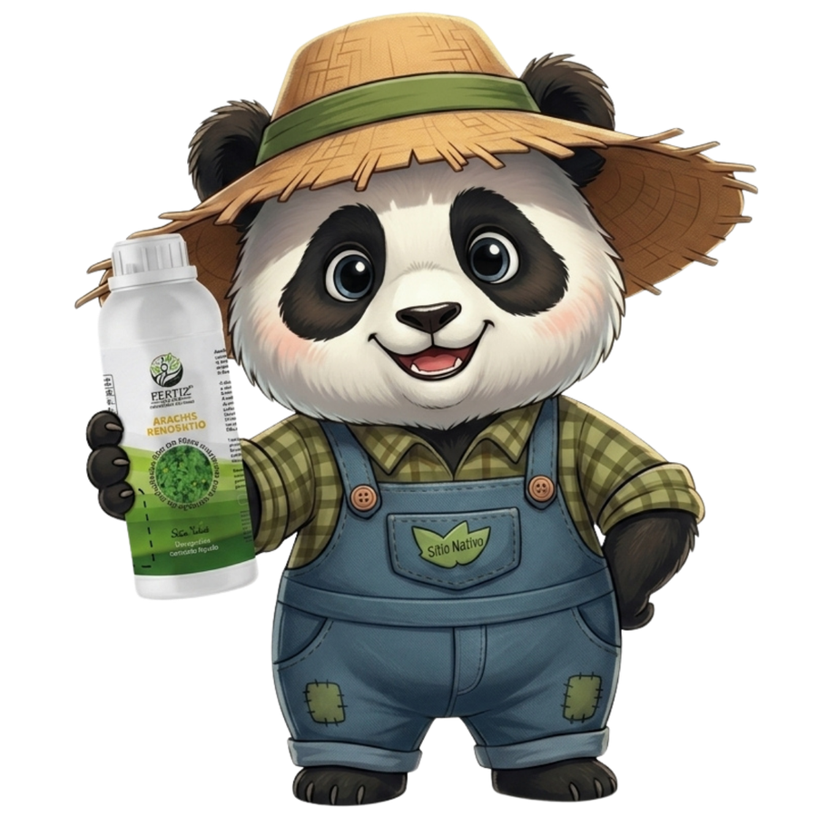Panda da Roça segurando o frasco do fertilizante Arachis Renovatio