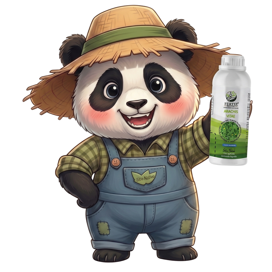 Panda da Roça segurando o frasco do fertilizante Arachis Vitae