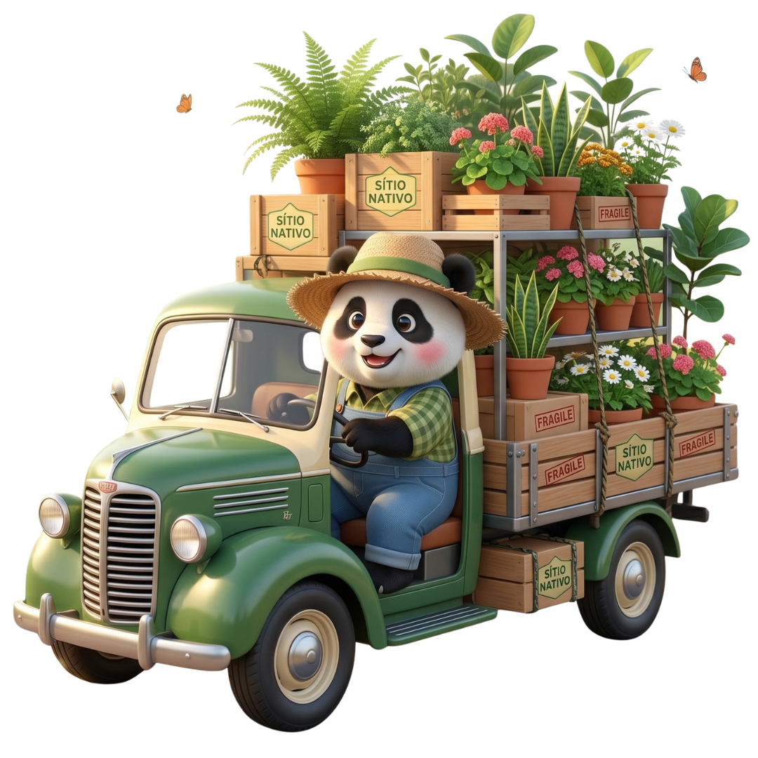 Panda da Roça dirigindo um caminhão carregado de plantas