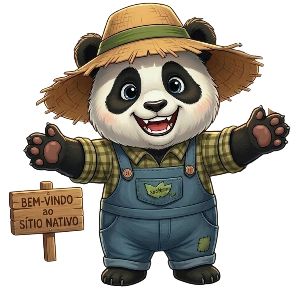 Panda da Roça de braços abertos, com chapéu de palha e macacão, ao lado de uma placa escrita Bem-vindo ao Sítio Nativo