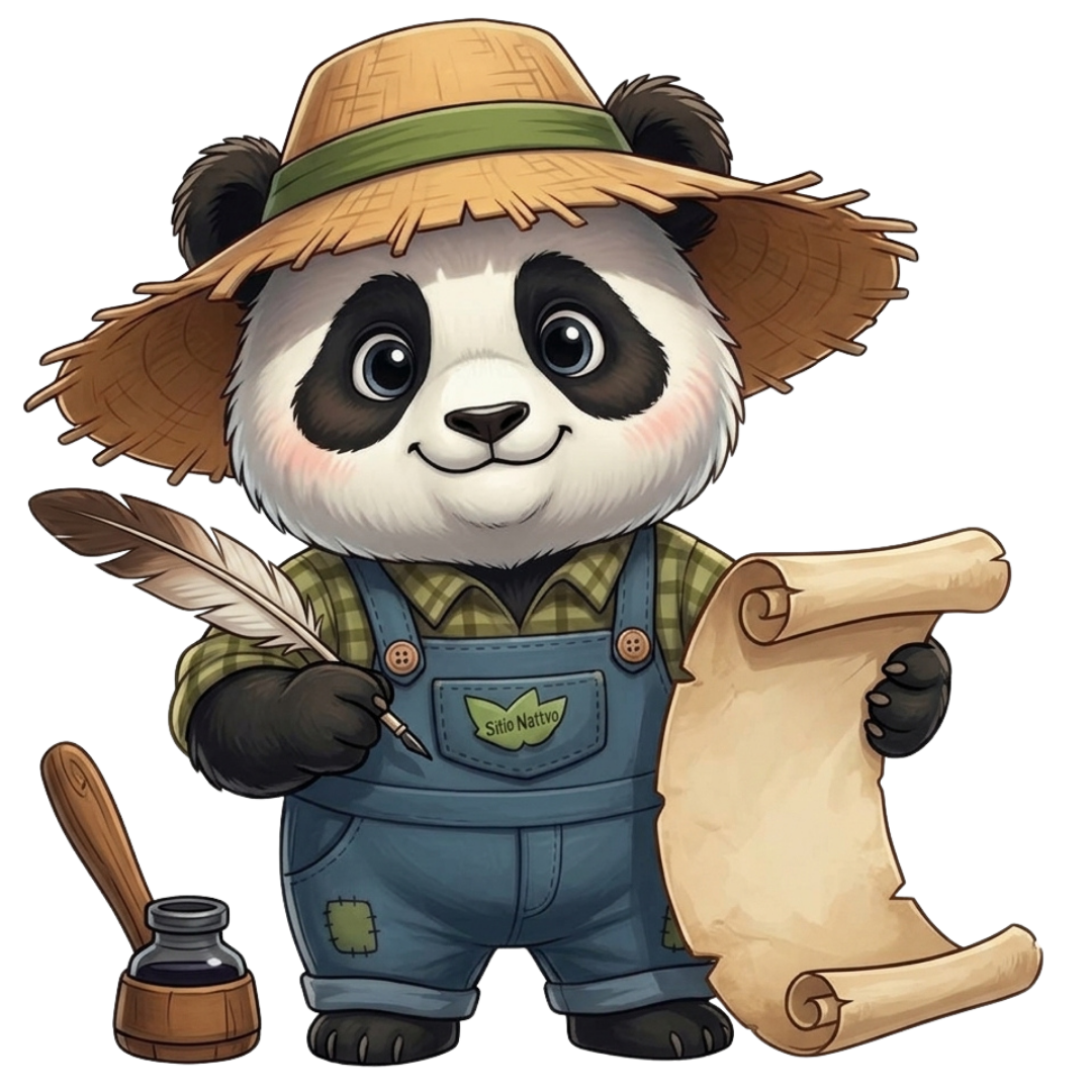 Panda da Roça com pena, tinteiro e um pergaminho