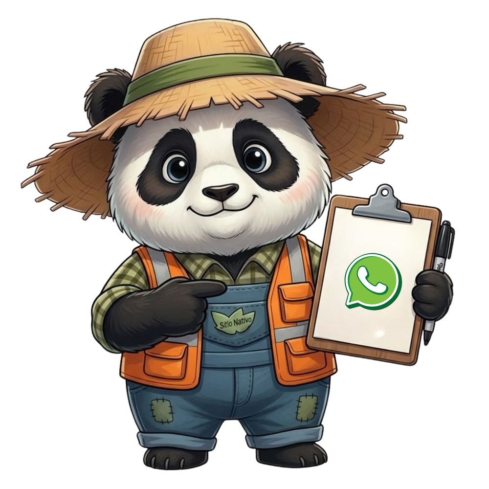 Panda da Roça segurando uma prancheta com o ícone do WhatsApp e apontando para ela