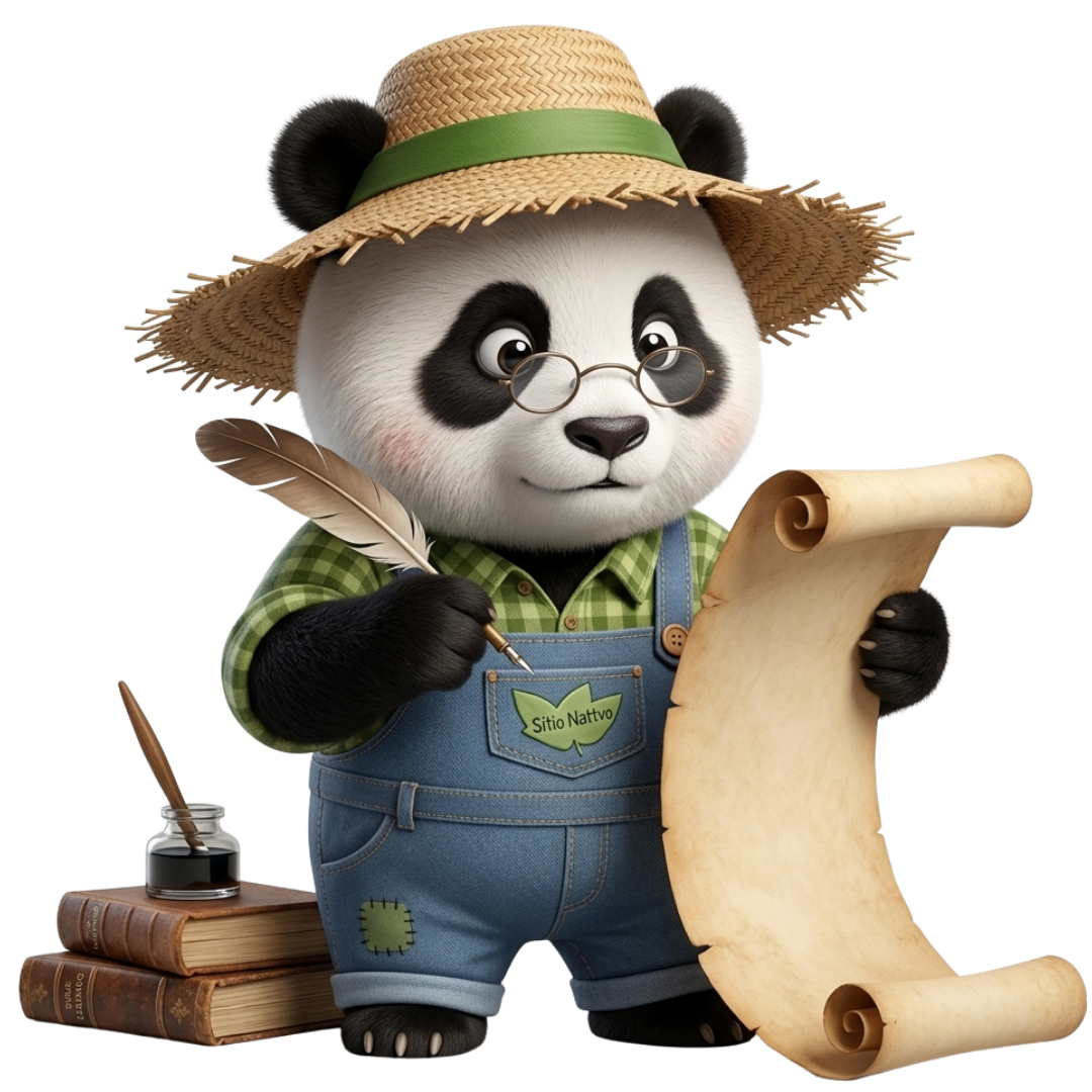 Panda da Roça com pena, pergaminho, tinteiro e livros