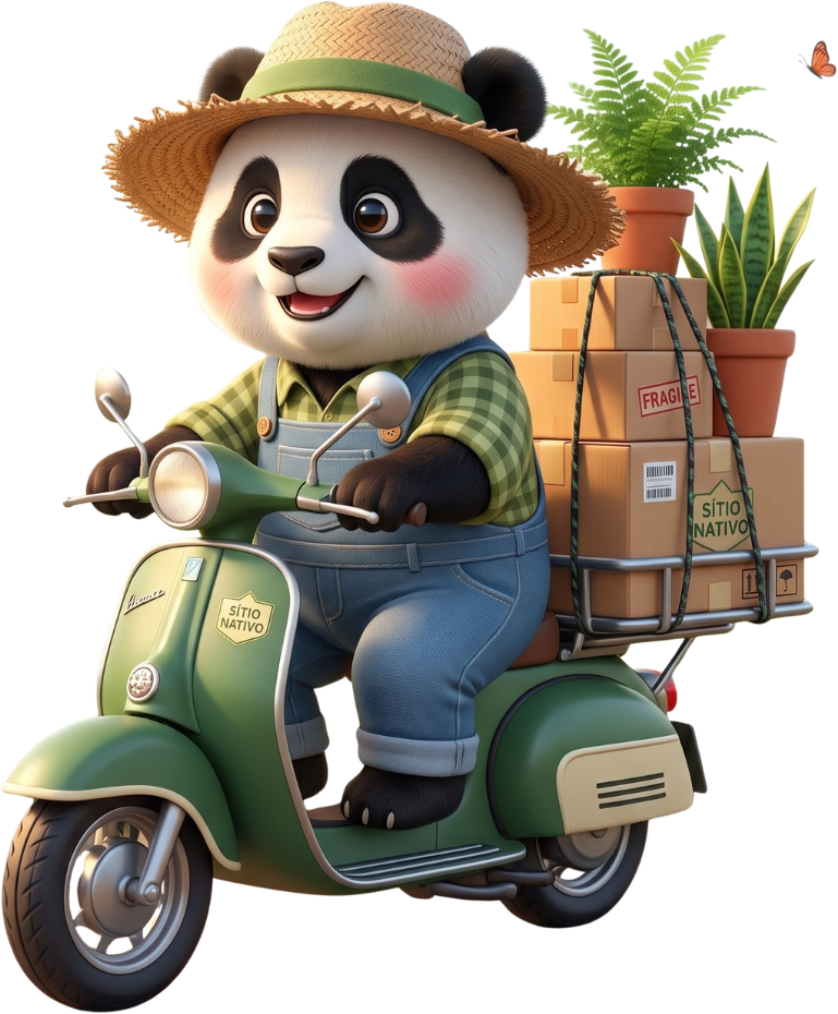 Panda da Roça numa lambreta verde entregando caixas do Sítio Nativo com plantas e vasos