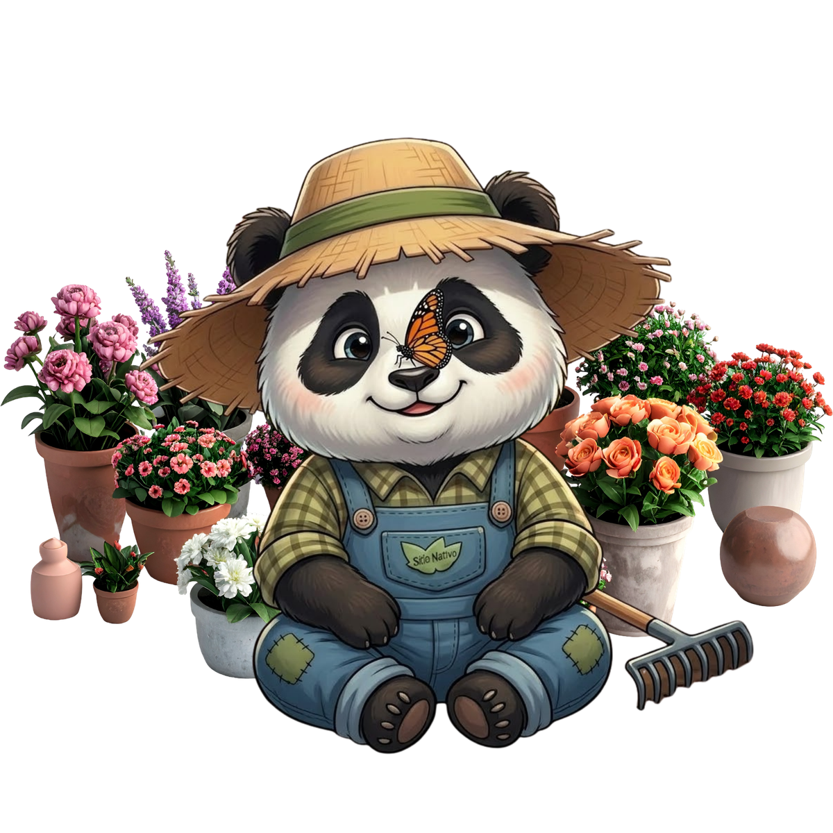 Panda da Roça sentado entre vasos de plantas floridas