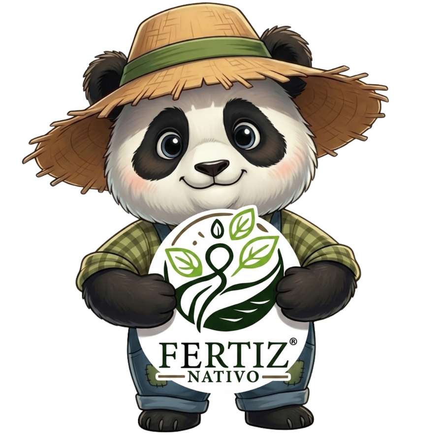 Panda da Roça segurando a placa da marca Fertiz Nativo