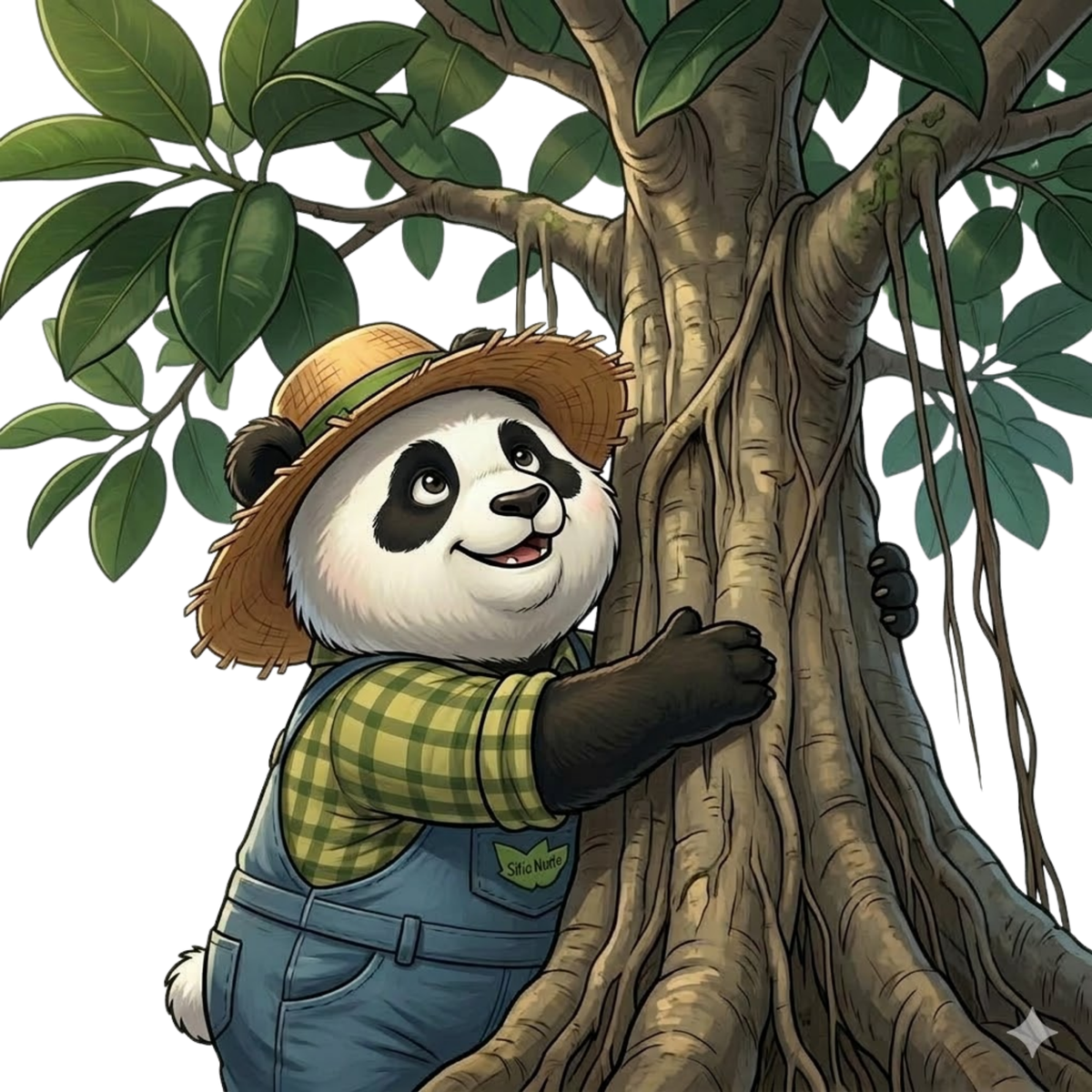 Panda da Roça abraçando o tronco de uma árvore