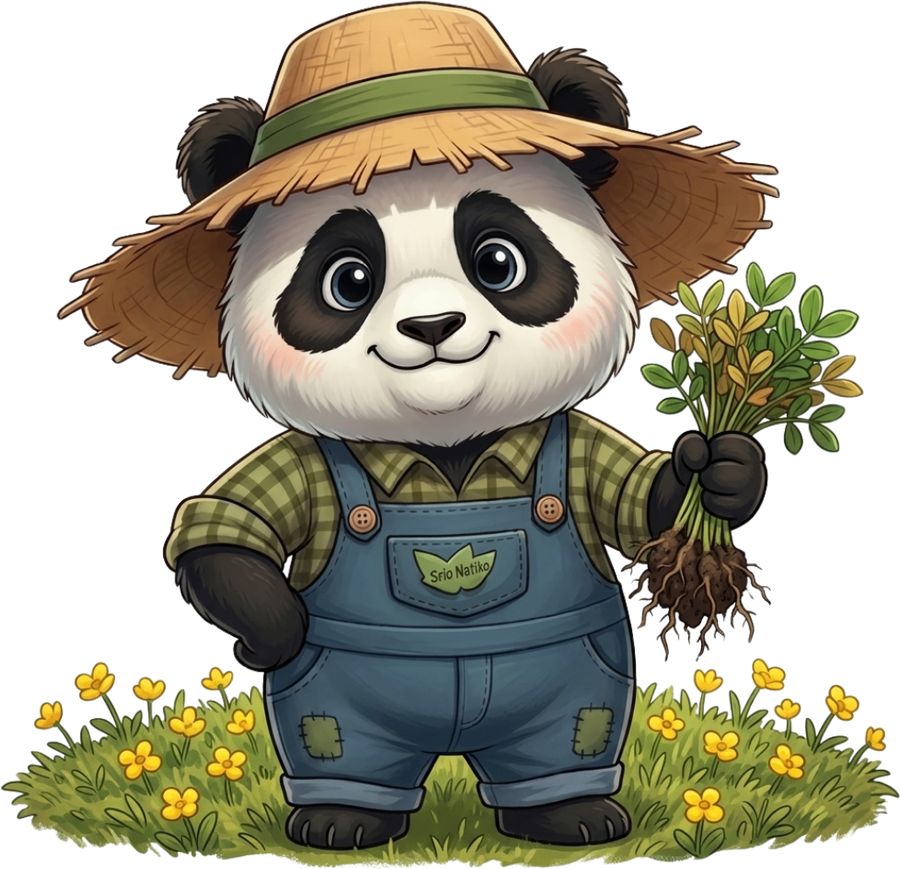 Panda da Roça de chapéu de palha segurando um punhado de mudas de grama amendoim raiz nua, com as raízes à mostra