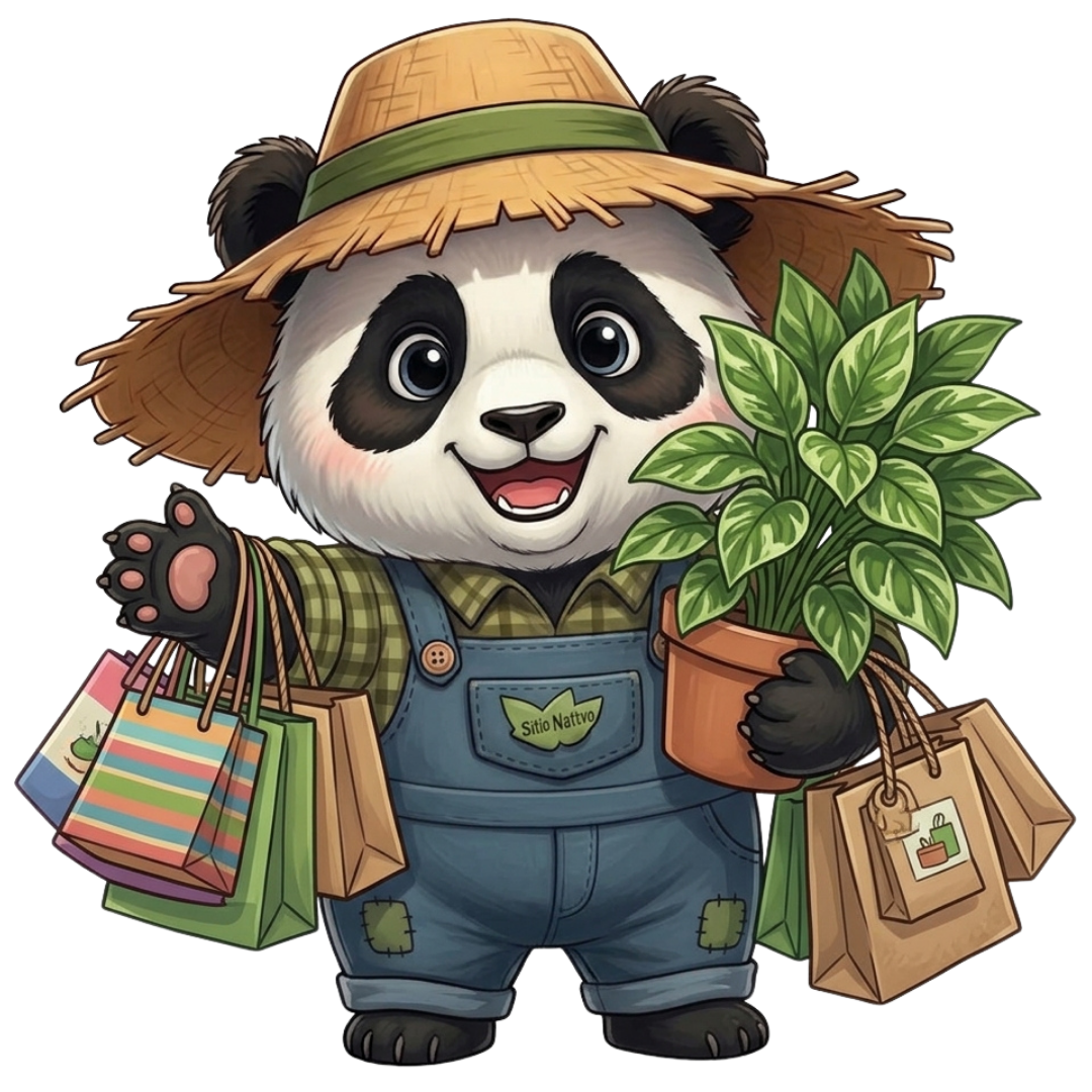 Panda da Roça com sacolas de compra e um vaso de planta