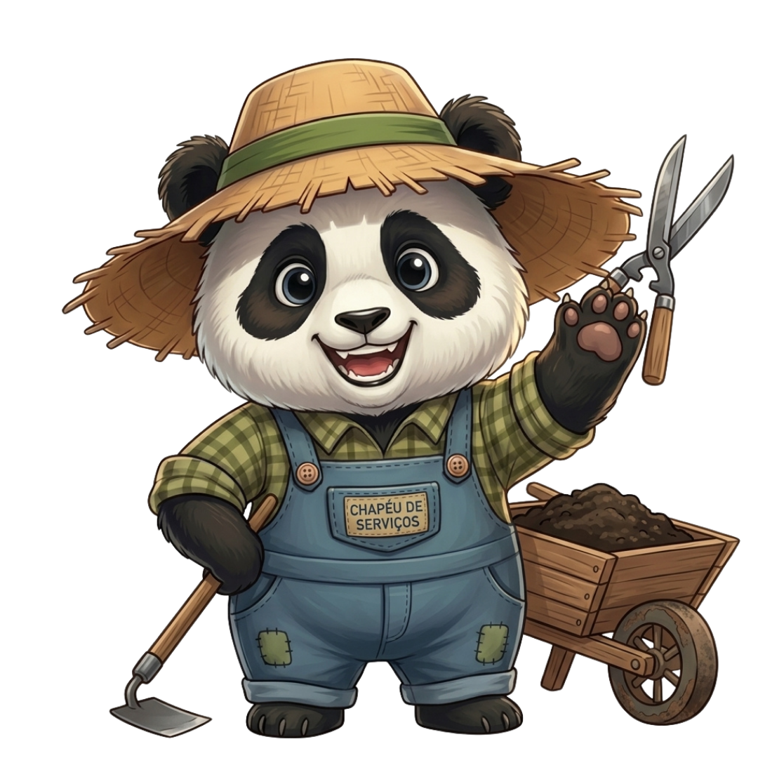 Panda da Roça com tesoura de poda, enxada e carrinho de mão