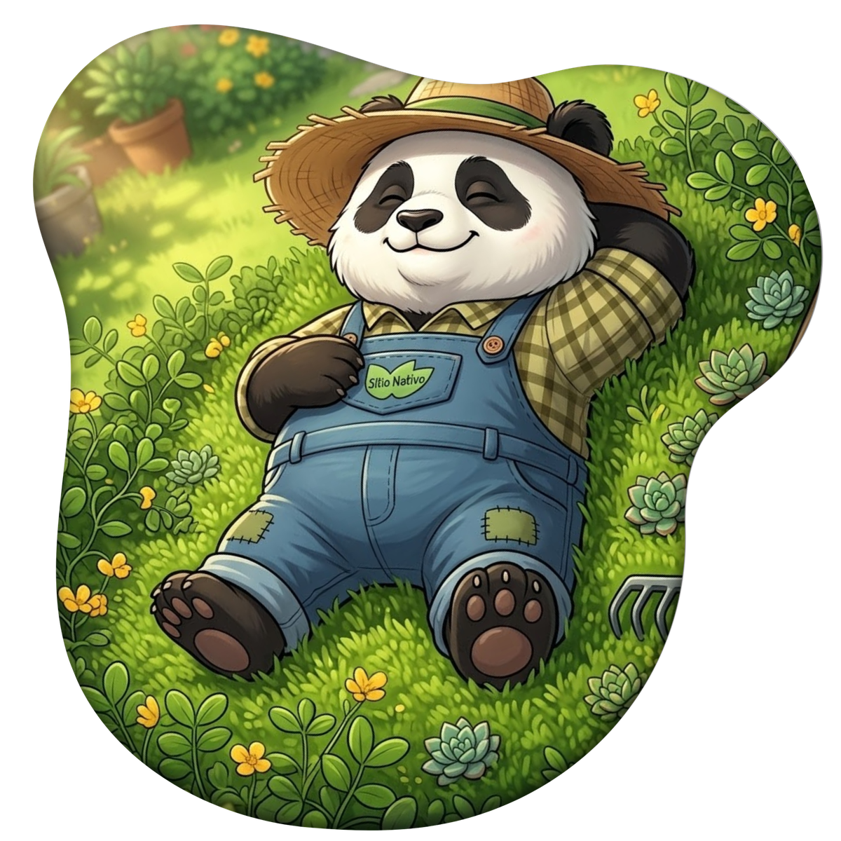 Panda da Roça deitado num tapete de grama amendoim florida