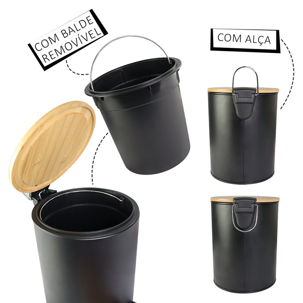 Lixeira Inox Preta Tampa Bambu 5L Wincy - Imagem 2